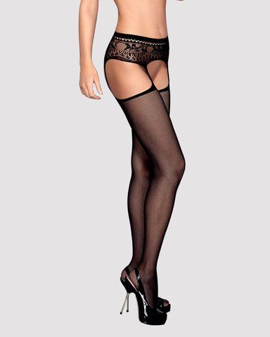 Сітчасті панчохи-стокінги з мереживним поясом Obsessive Garter stockings S307 S/M/L, чорні, імітація SO7270 фото