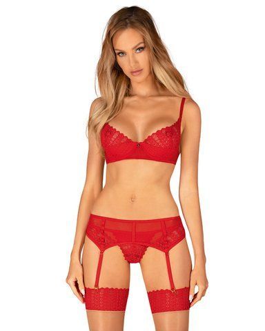 Комплект Obsessive Ingridia 3-pcs set XS/S, червоний, бюстгальтер, стрінги, пояс SO9034 фото