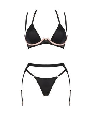 Комплект білизни Obsessive Selinne 3-pcs set XL/2XL Black, бюстгальтер, стрінги пояс для панчіх SO8669 фото