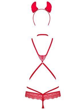 Еротичний костюм чортика зі стреп Obsessive Evilia teddy red S/M, боді, чокер, накладки на соски, об SO7706 фото