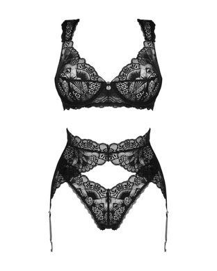 Комплект білизни Obsessive Donna Dream 3-pcs set XS/S Black, бюстгальтер, стрінги, пояс для панчіх SO8636 фото