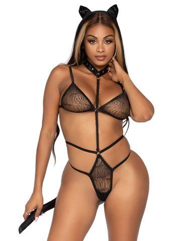 Еротичний костюм кішки Leg Avenue Roleplay Sex Kitten One size Black, боді, вушка, чокер SO8601 фото